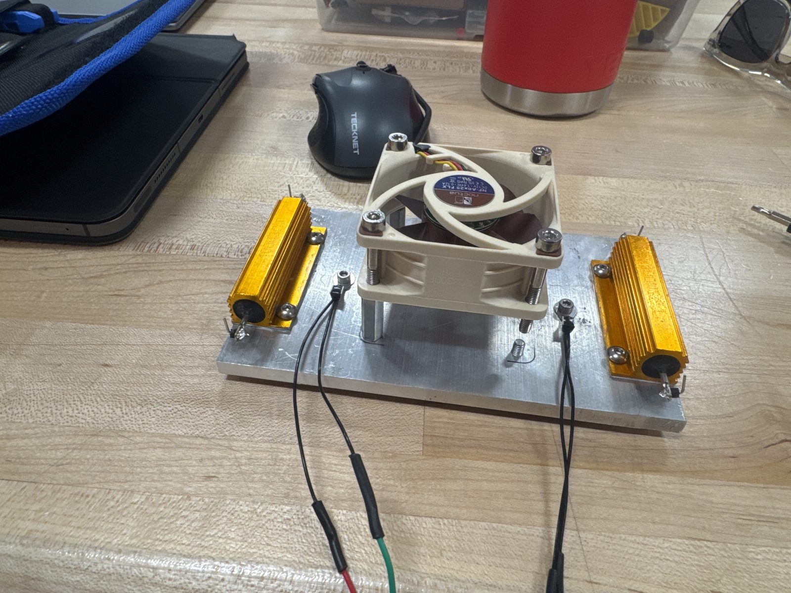 Dual resistive heaters and heatsink fan mounted on an aluminum plate, wired with thermistor leads